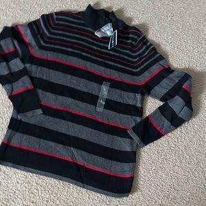 Karen Scott Black, Gray, and Red Striped Turtleneck Sweater